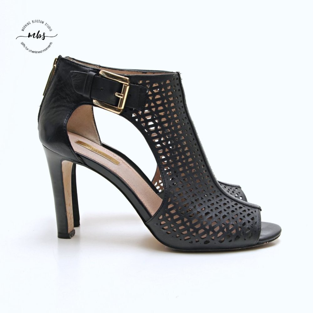 Louise et Cie Olivia2‎ Leather Lazer Cut Out Caged Heels in Black